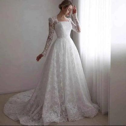 Plus size Embroidered Long Sleeve Trailing Wedding Dress