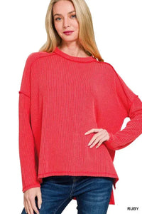 Zenana Plus Size Rib Knit Top with Exposed Seam Long Sleeves