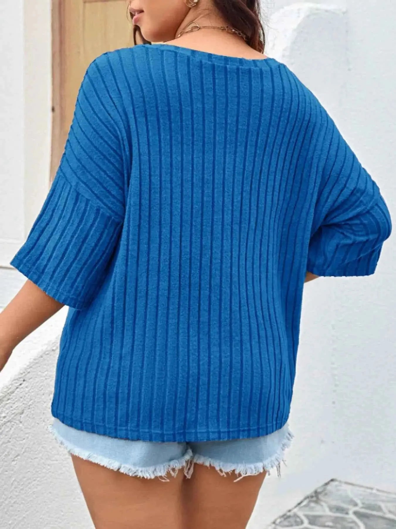 Plus Size V-Neck Ribbed Knit T-Shirt