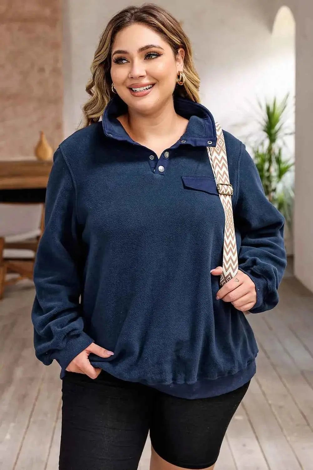 Plus Size Quarter Snap Long Sleeve Sweatshirt