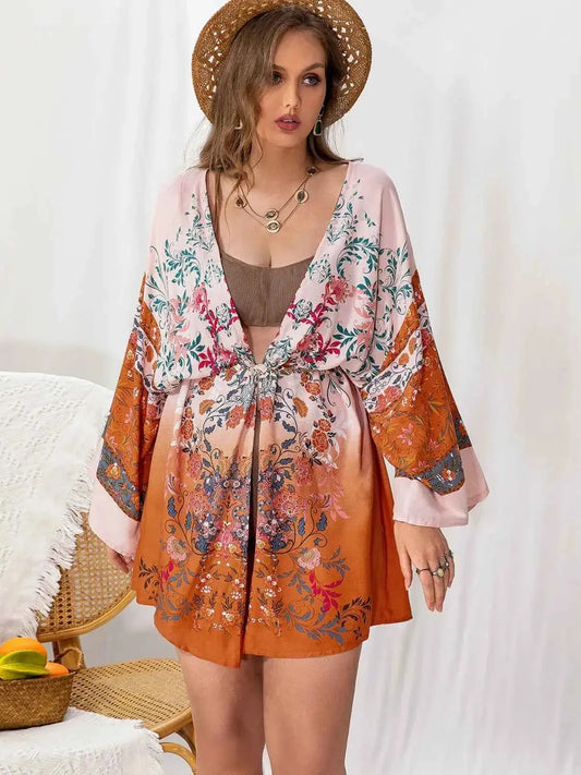 Plus Size Tied Open Front Printed Cover Up