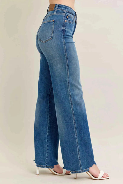 Judy Blue Full Size High Waist Tummy Control Chew Hem Destroy Wide Jeans Plus Size