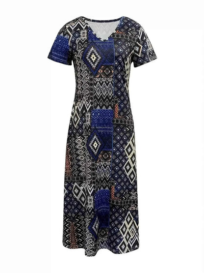 Plus Size Geometric Print V-Neck Short Sleeve Dress