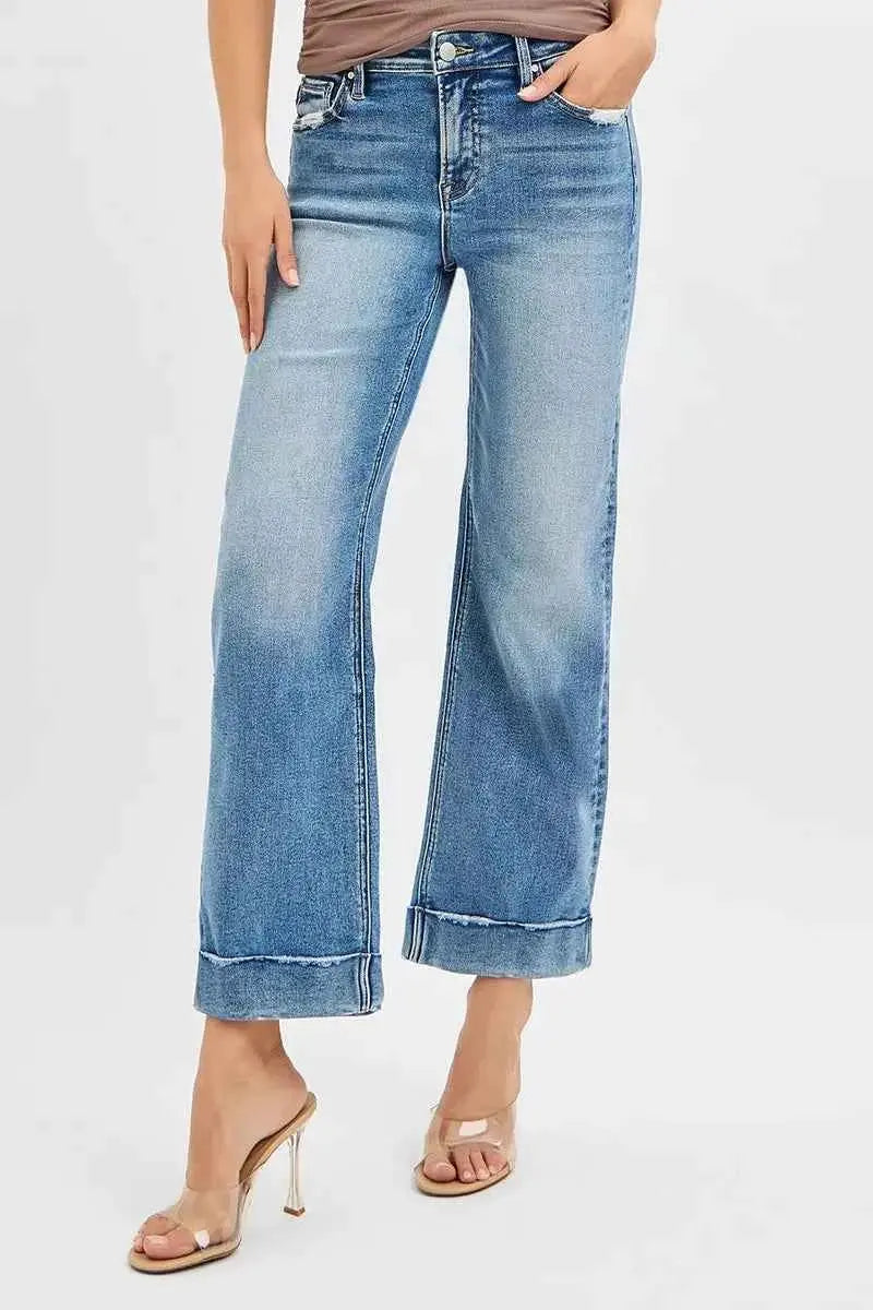 RISEN Full Size Mid Rise Crop Straight Jeans with Taylor Cuffed Plus Size