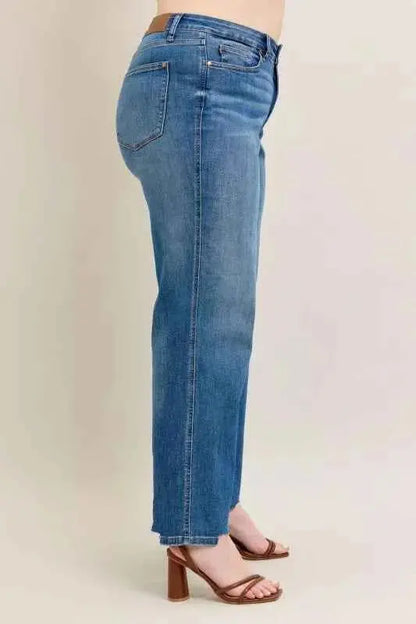 Judy Blue Full Size High Waist Tummy Control Chew Hem Destroy Wide Jeans Plus Size