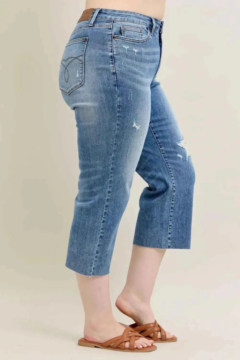 Judy Blue Plus Size High Waist Back Destroy & Raw Cut Hem Crop Wide