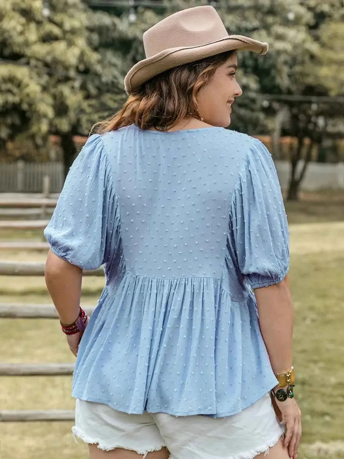 Plus Size Swiss Dot Tie Neck Short Sleeve Blouse