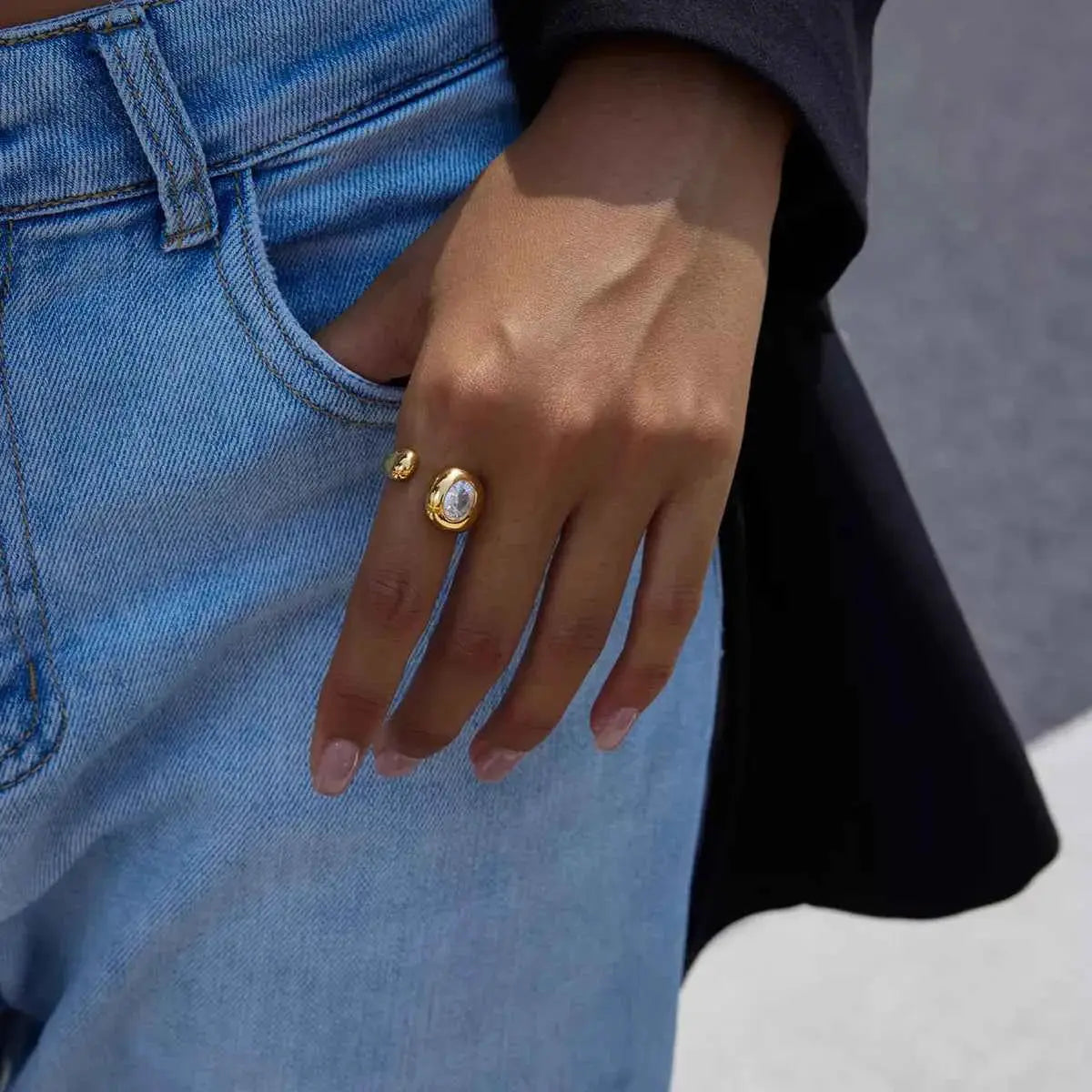 18K Gold-Plated Rhinestone Open Ring