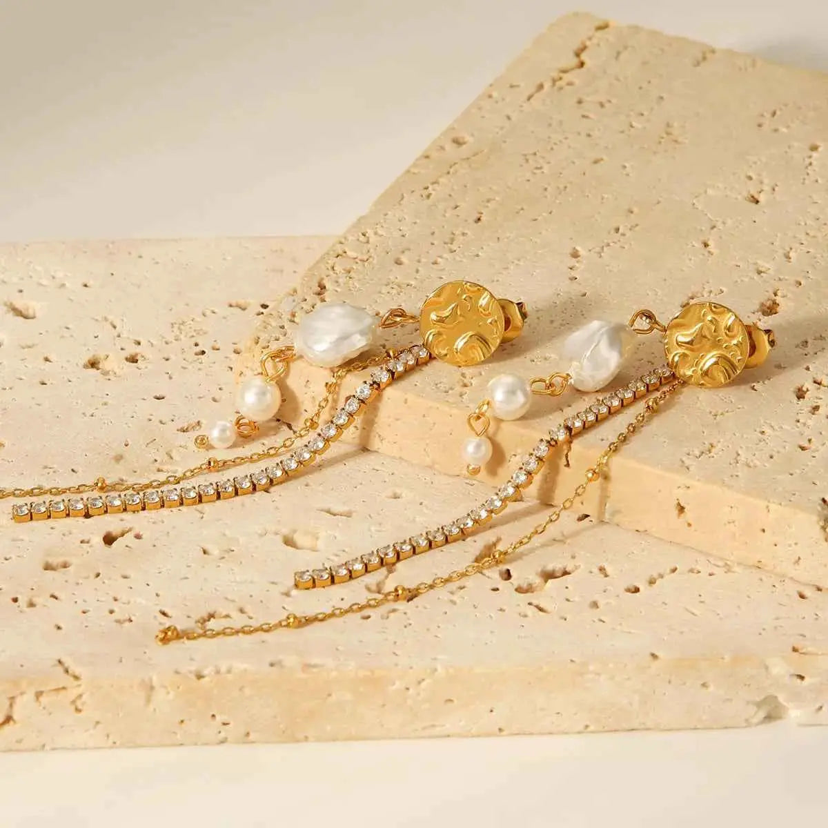 18K Gold-Plated Zircon Pearl Chain Earrings