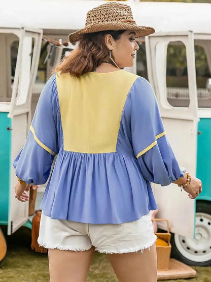 Plus Size Ruched Tie Neck Balloon Sleeve Blouse