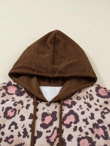 Plus Size Leopard Long Sleeve Drawstring Hoodie