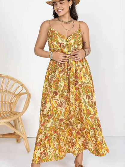Plus Size Printed V-Neck Maxi Cami Dress