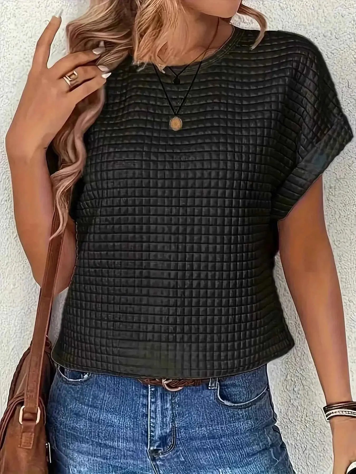 Plus Size Textured Round Neck Short Sleeve Top