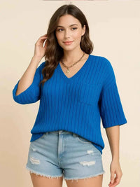 Plus Size V-Neck Ribbed Knit T-Shirt