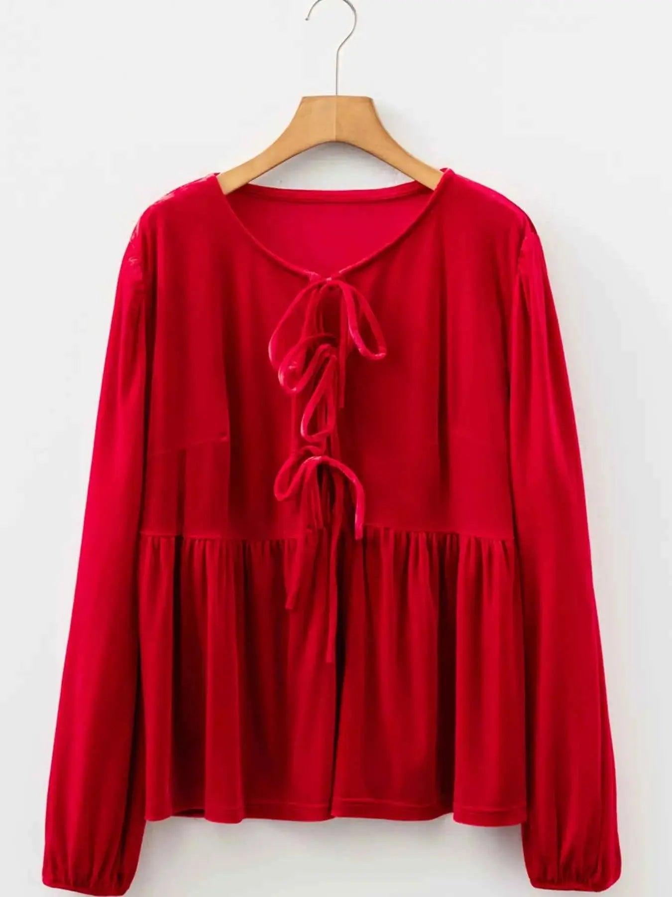 Plus Size Tie Front Velvet Peplum Blouse