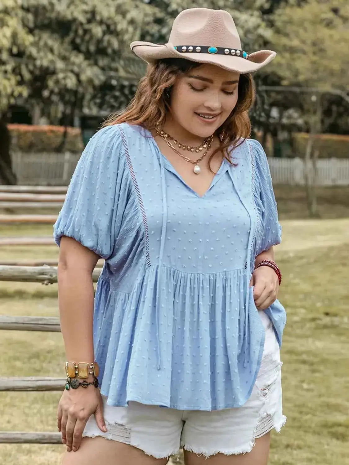 Plus Size Swiss Dot Tie Neck Short Sleeve Blouse