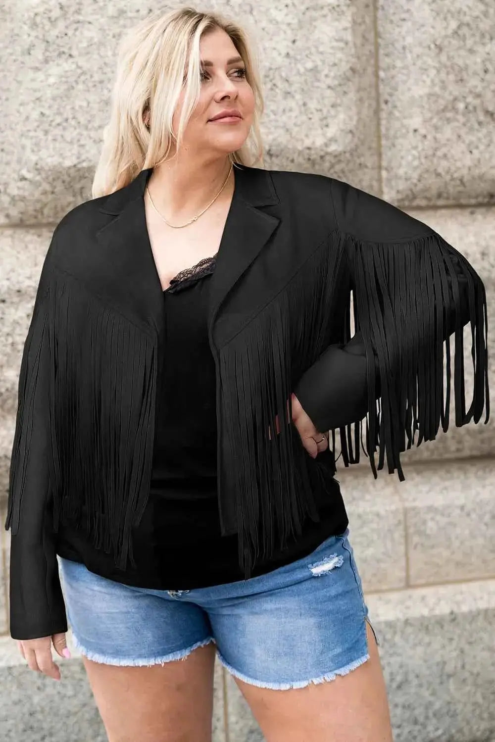 Plus Size Fringe Open Front Jacket