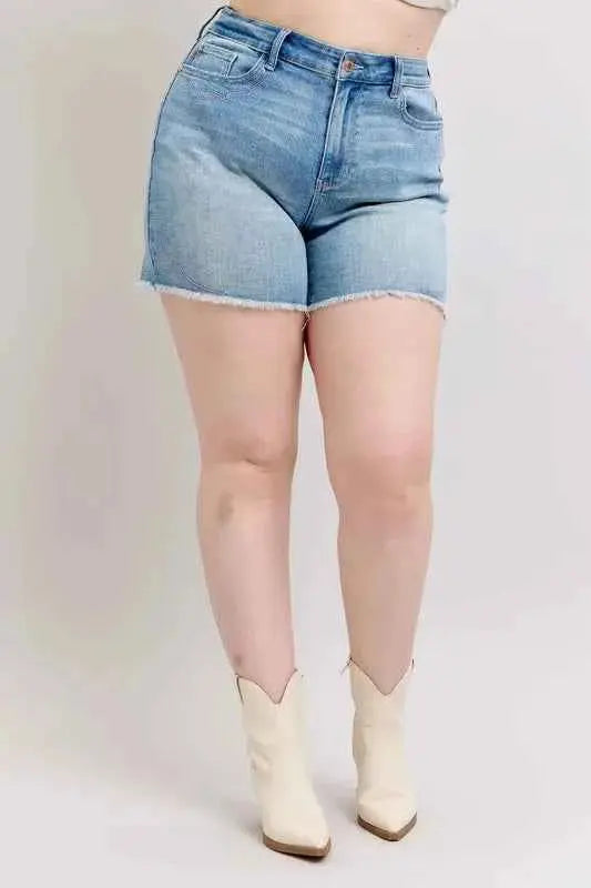 Judy Blue Plus Size High Waist Western Embroidery Detail Cut Off Denim Shorts