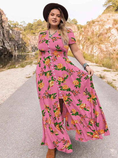 Plus Size Floral V-Neck Short Sleeve Maxi Dress