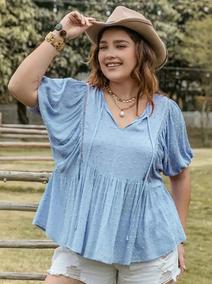 Plus Size Swiss Dot Tie Neck Short Sleeve Blouse