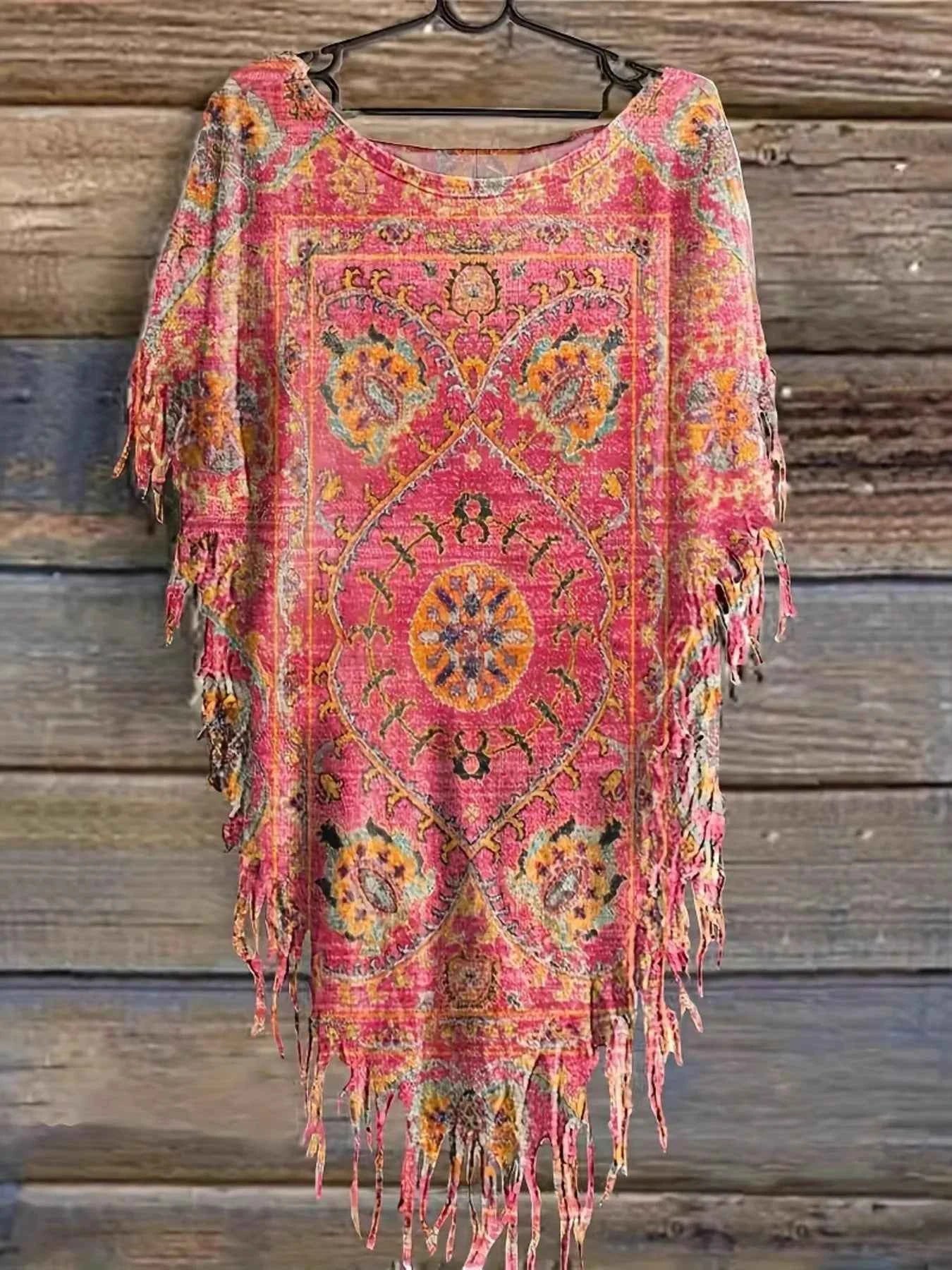 Plus Size Fringe Round Neck Cover Up