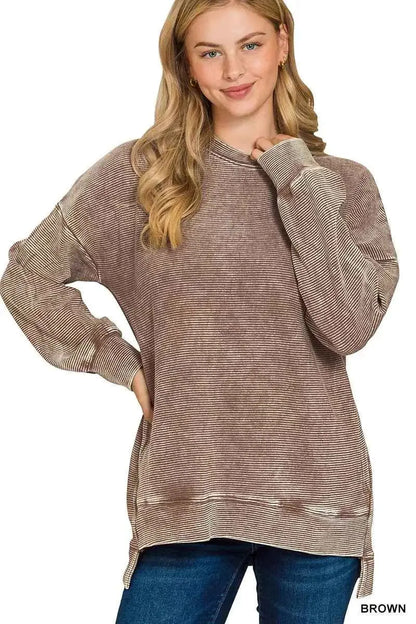 Zenana Full Size Acid Washed Double Ribbed Hi-low Sweatshirt Plus Size