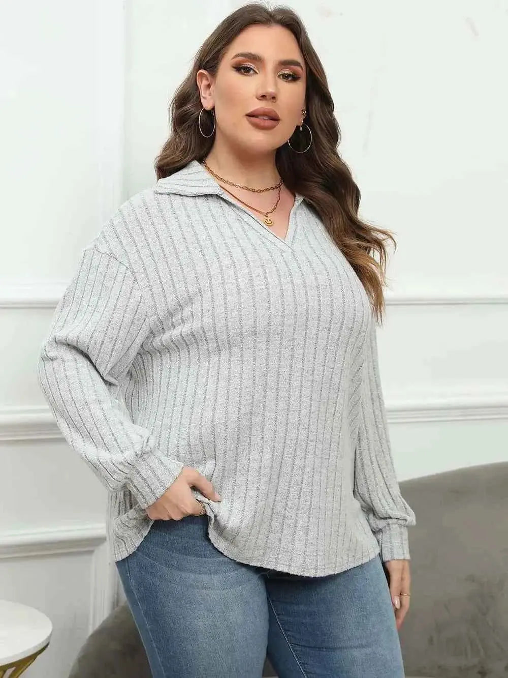 Plus Size Ribbed Collared Neck Long Sleeve Blouse