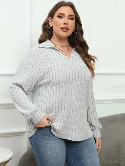 Plus Size Ribbed Collared Neck Long Sleeve Blouse