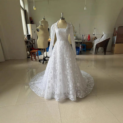 Plus size Embroidered Long Sleeve Trailing Wedding Dress - Shidly