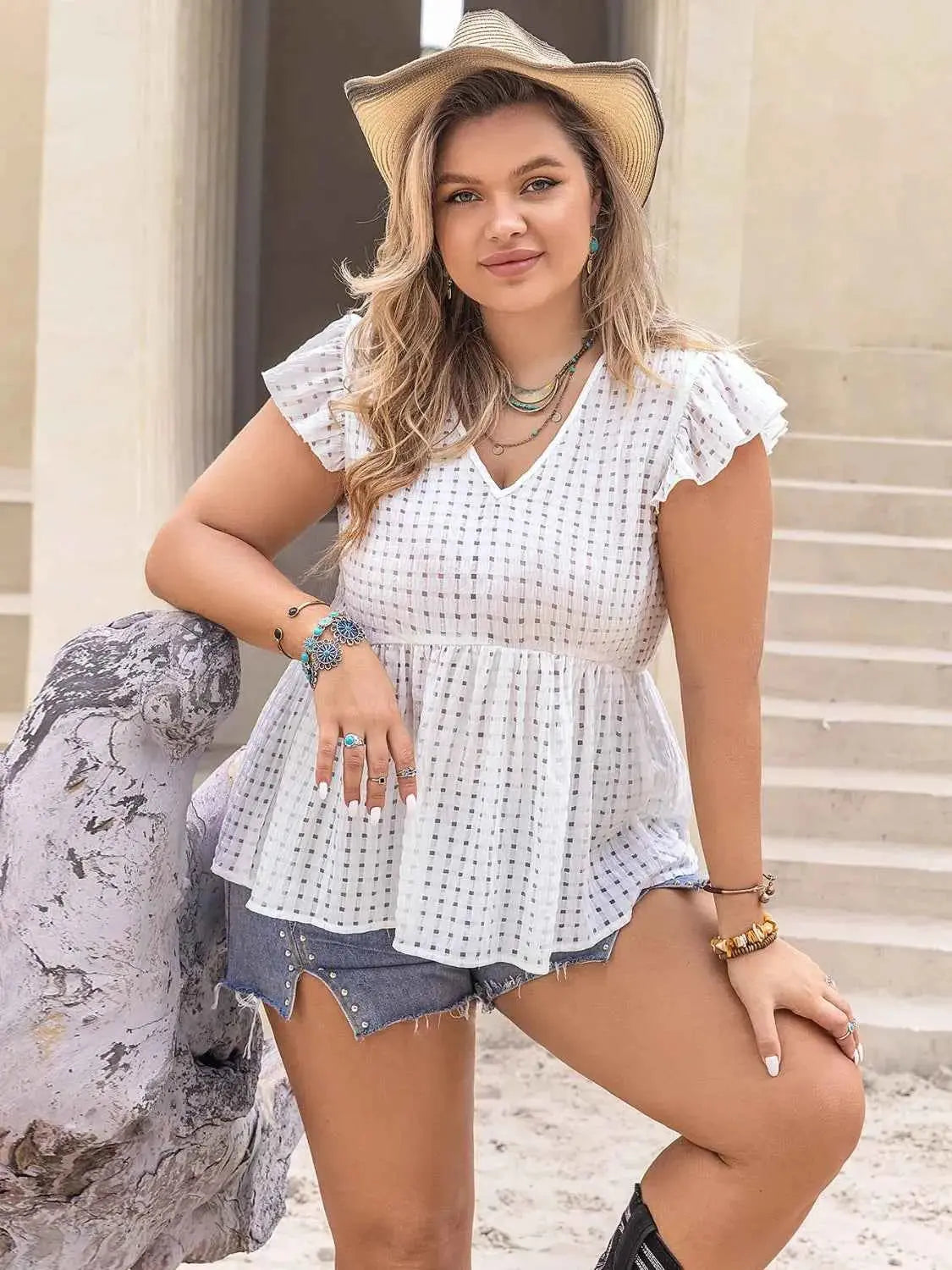 Plus Size V-Neck Cap Sleeve Blouse