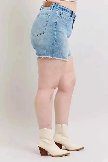 Judy Blue Plus Size High Waist Western Embroidery Detail Cut Off Denim Shorts