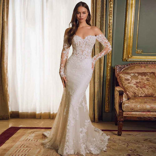 Plus size Off-shoulder Lace Long Sleeve Fishtail Gown