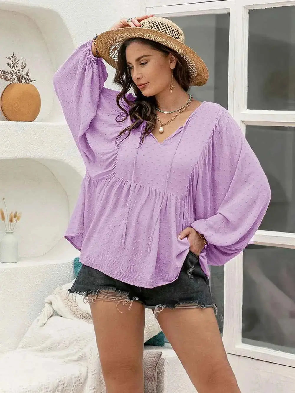 Plus Size Swiss Dot Tie Neck Long Sleeve Blouse