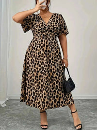 Plus Size Leopard Dress with Twisted Front and Short Sleeves