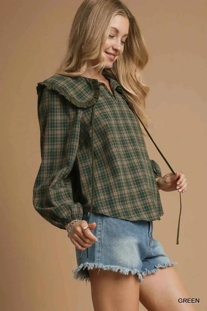 Umgee Full Size Plaid Ruffle Collar Blouse Plus Size