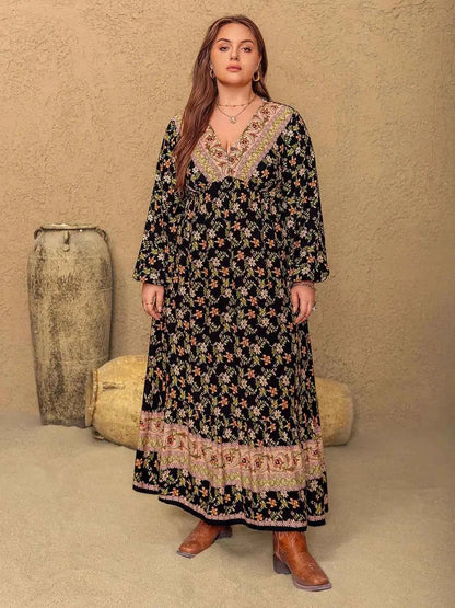 Plus Size Floral V-Neck Balloon Sleeve Dress